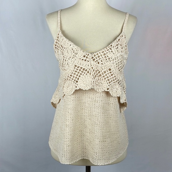 Zara Tops - Zara Waffle Knit V-Neck Crochet Cream Cami/Tank with Raw Hem - Size Small